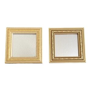 Set of Two Gold Square Framed Accent Mirrors, 4" x 4", Gilded Detailed Frames.